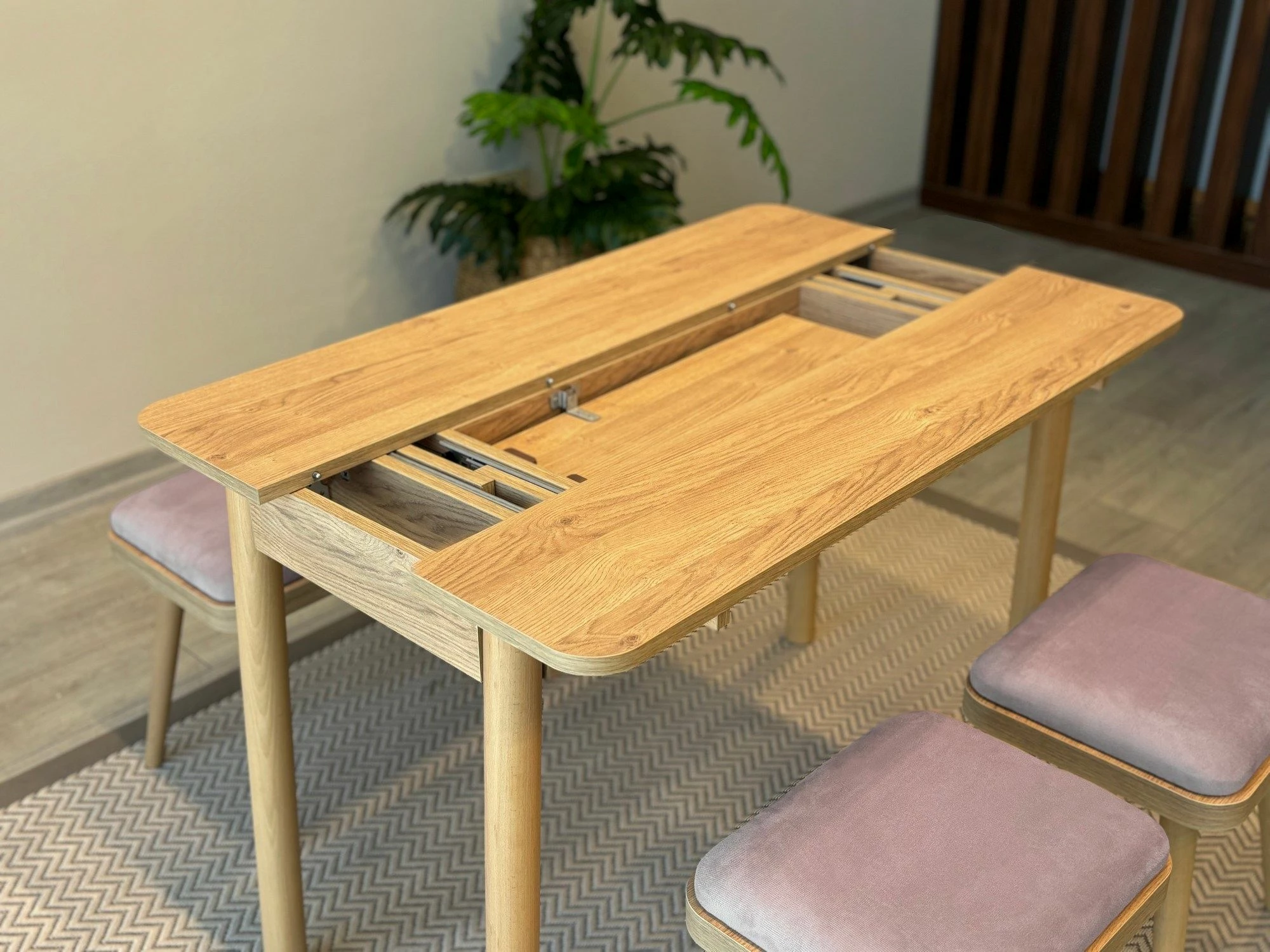 Set tavoline me karrige për ngrënie, zgjatshme, 6 pjesë, Skye Decor, Vina Mini 06 0701, ngjyrë lis, Soho Grey