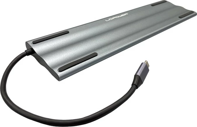 USB hub LC-Power LC-HUB-C-MULTI-8, USB-C, 100W, HDMI, VGA, RJ45, SD, MicroSD, e zezë/argjendtë
