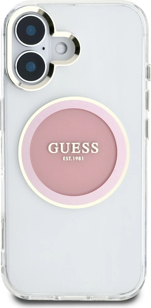 Mbështjellës Guess IML Metal Colored Circle Classic Logo MagSafe për iPhone 16, Rozë