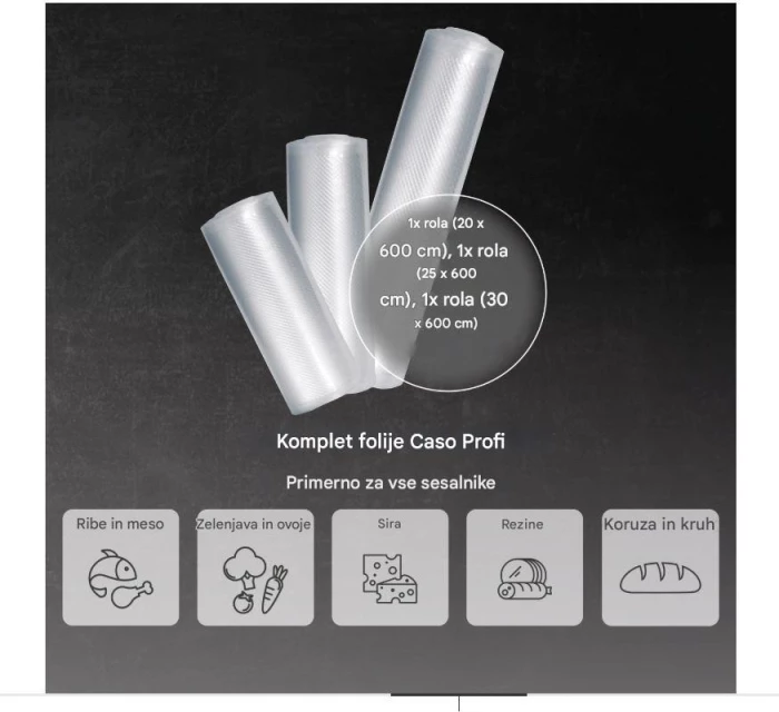 Set folie për vakum CASO 1231, 3 rrotulla (20×600 cm, 25×600 cm, 30×600 cm), 150 µm, për Sous Vide, transparente, set 3 copë