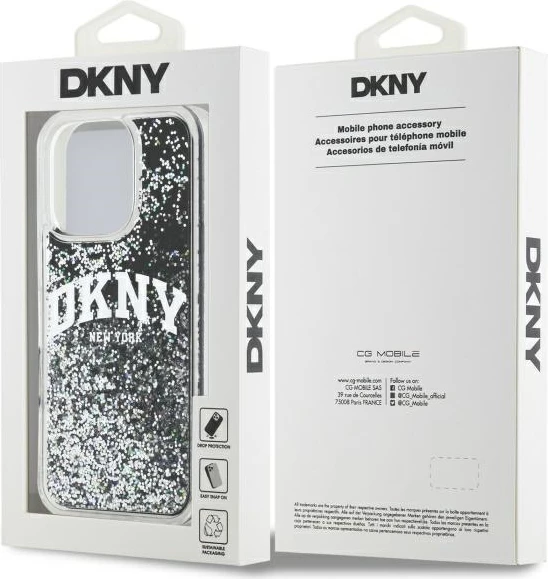 Mbështjellës DKNY DKHCP16LLBNAEK për iPhone 16 Pro 6.3", hardcase, Liquid Glitter Arch Logo, zi