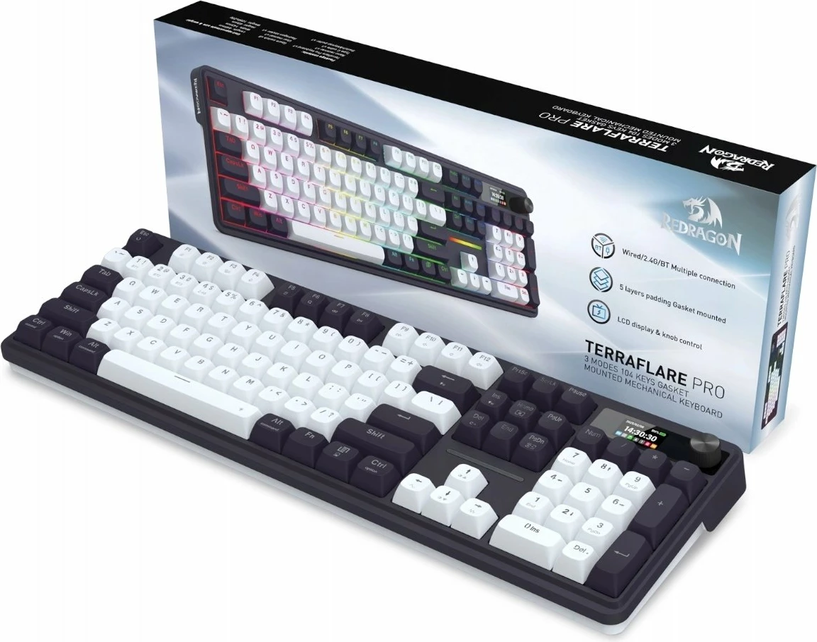 Tastierë gaming mekanike Redragon TERRAFLARE K762WB-RGB-PRO, full-size 104 taste, Bluetooth/2.4GHz/USB, RGB, hot-swap, PBT, bateri 4000mAh, QWERTY US, e zezë, set me receiver 2.4GHz