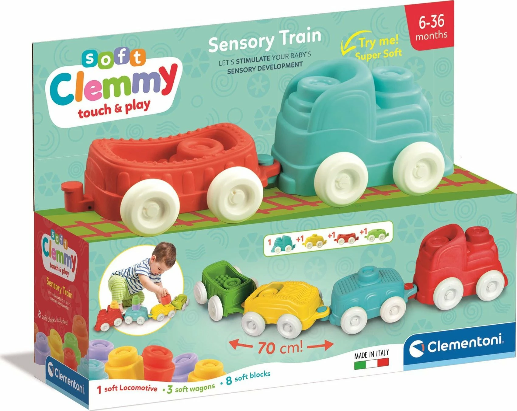 Tren lodër sensorial Clementoni Clemmy Soft Sensory Train, set 1 lokomotivë + 3 vagona + 8 blloqe të buta, shumëngjyrësh