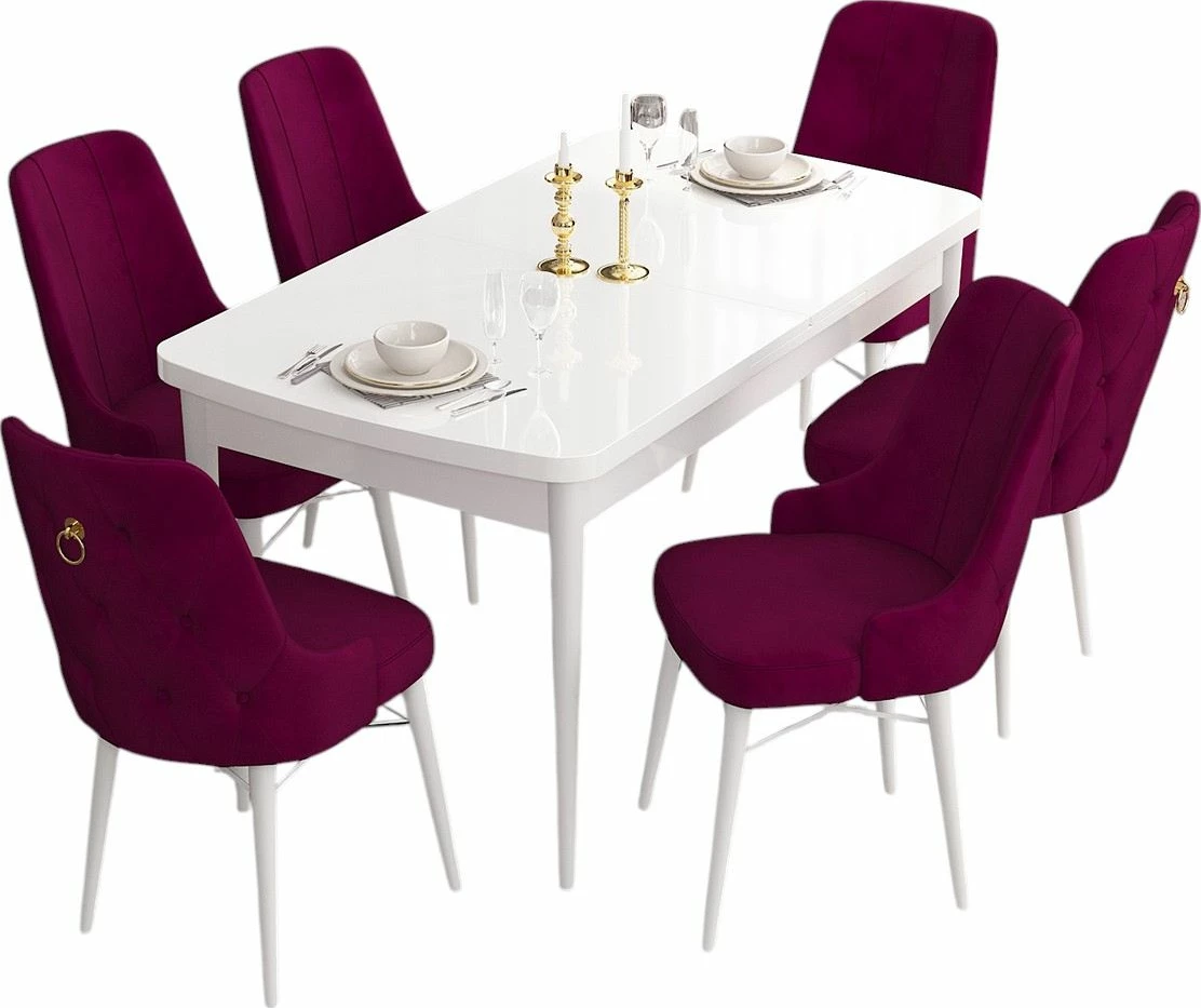 Set tavolinë me karrige për ngrënie, zgjatshëm, 7 copë, ngjyrë e bardhë dhe damson, Skye Decor