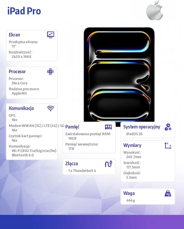 Tablet, Apple, iPad Pro 11-inch Wi‑Fi, 1TB, Ultra Retina XDR OLED, Thunderbolt 4, iPadOS 26, Star Black