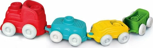 Tren lodër sensorial Clementoni Clemmy Soft Sensory Train, set 1 lokomotivë + 3 vagona + 8 blloqe të buta, shumëngjyrësh