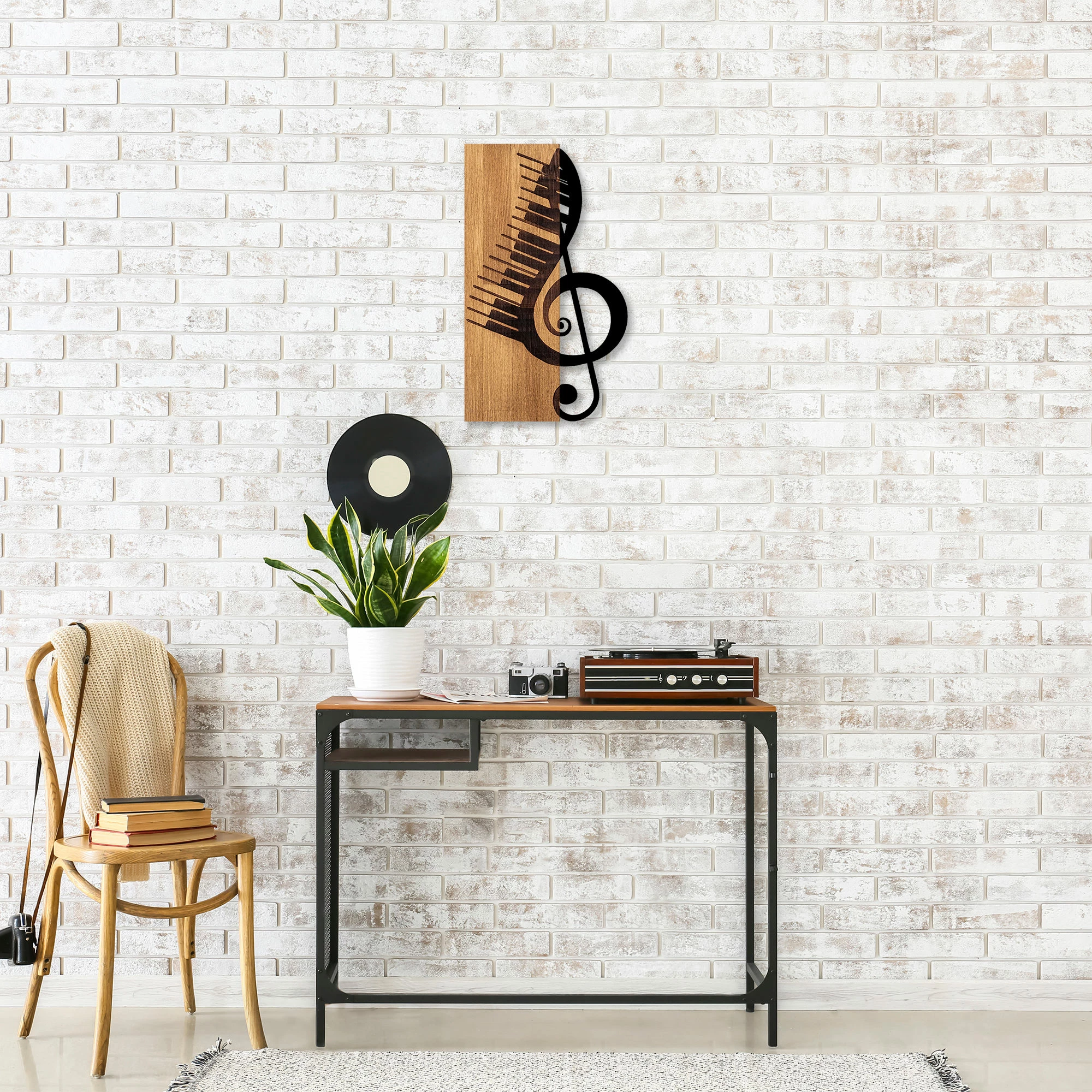 Aksesor dekorativ prej druri për mur, Wallity, motiv muzikor, ngjyrë arre dhe e zezë, 30x50cm