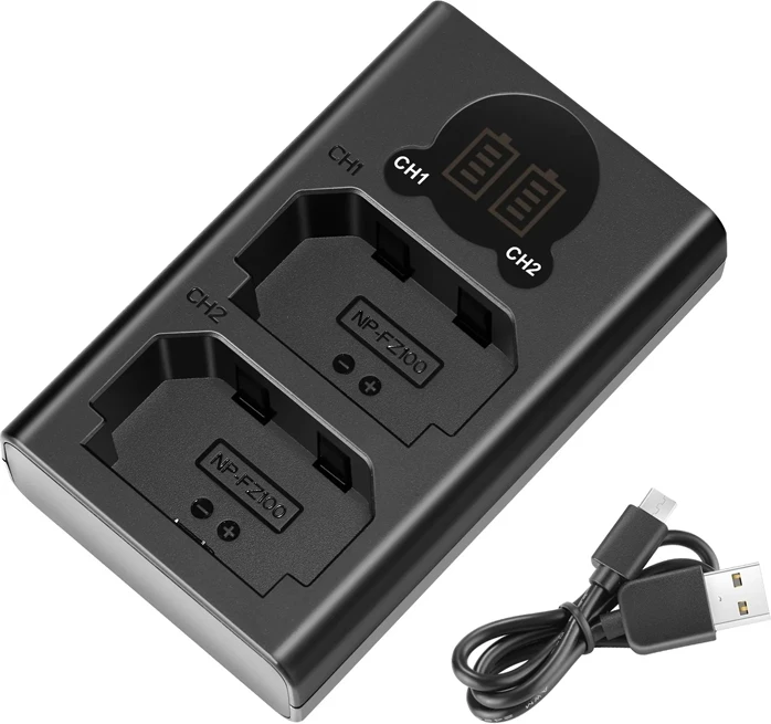 Karikues dual baterie Neewer DL-FZ100 për Sony NP-FZ100, Micro-USB/USB-C, me ekran LCD, set me kabllo Micro-USB