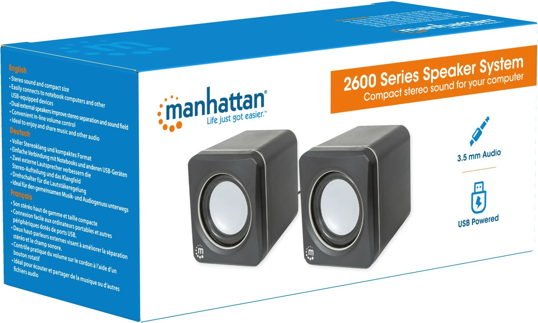 Boksa Manhattan 2600 Series, stereo, USB, 2x3W, për PC/Laptop, zi/gri