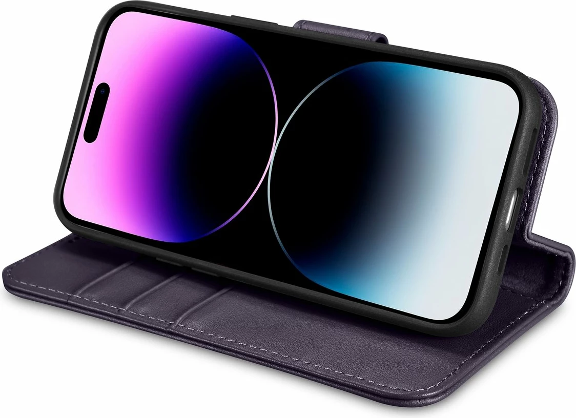 Mbështjellës iCarer Wallet Case 2in1 për iPhone 14 Pro, lëkurë natyrale, Anti-RFID, Vjollcë e errët