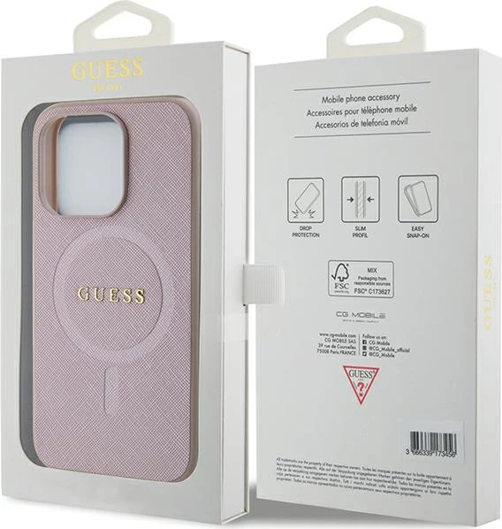 Mbështjellës Guess Saffiano MagSafe për iPhone 15 Pro, Rozë