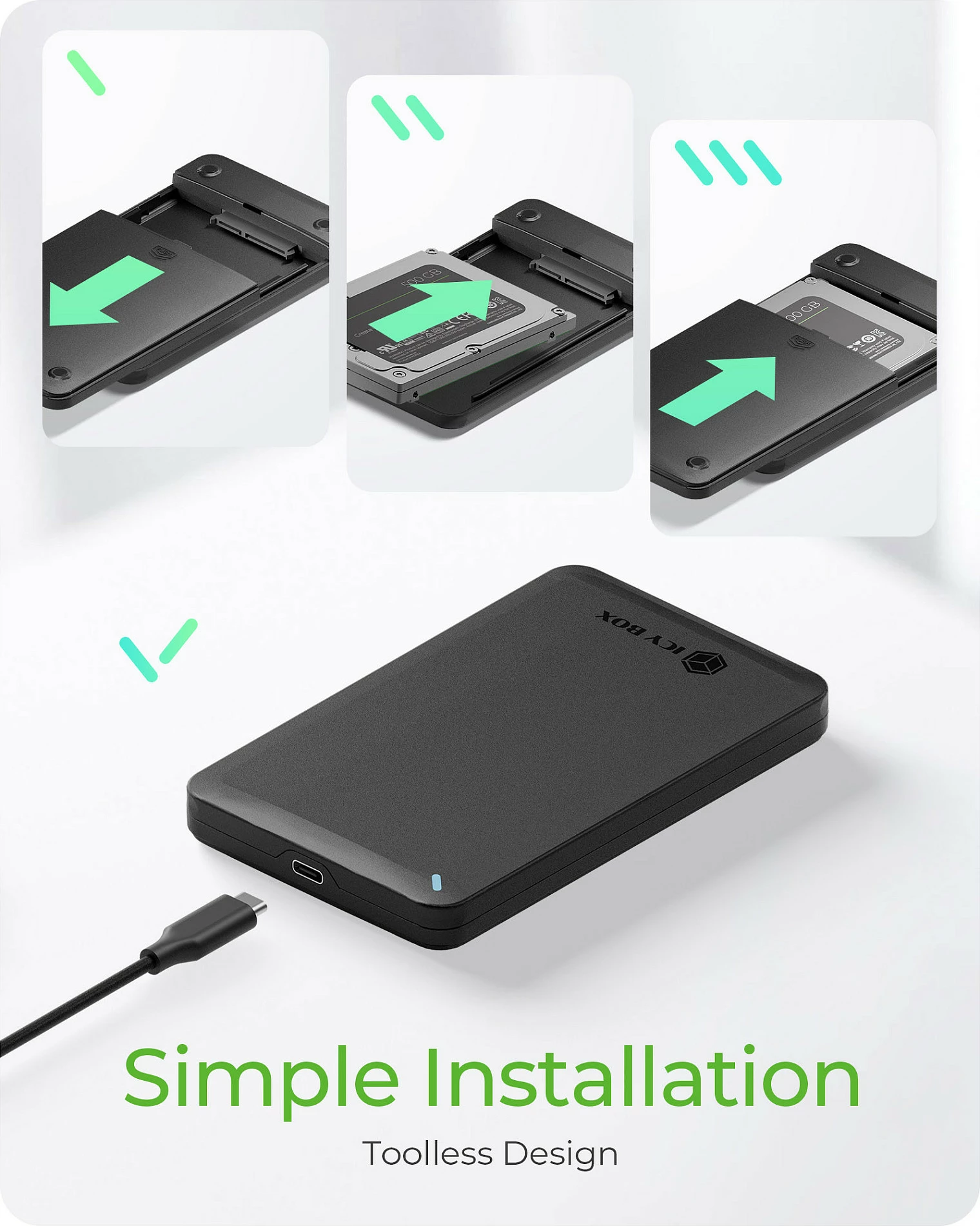 Kasë eksternale për HDD/SSD 2.5" ICY BOX IB-201T-CU31, SATA në USB-C, e zezë