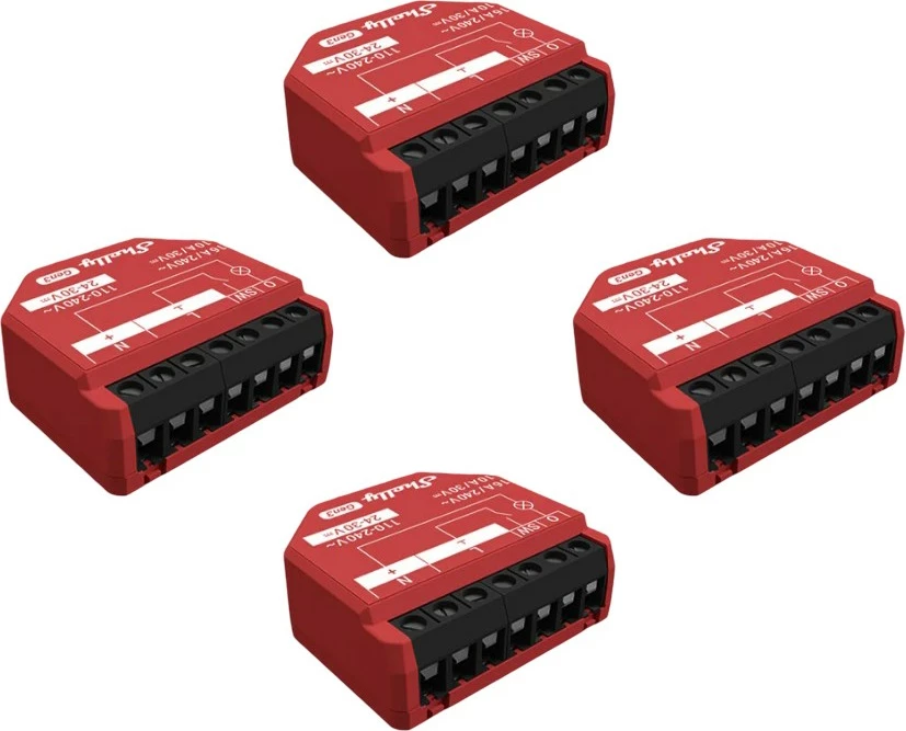 Relé smart Shelly 1PM Gen3 4 copë, Wi-Fi, Bluetooth, 16A, e kuqe