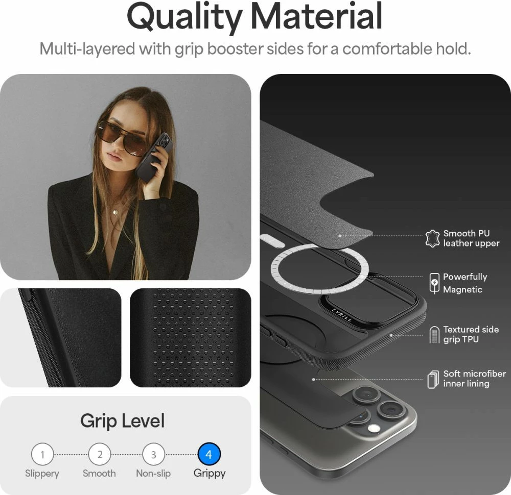 Mbështjellës Spigen Cyrill Classic Charm MagSafe për iPhone 16 Pro Max, i zi, me rrip