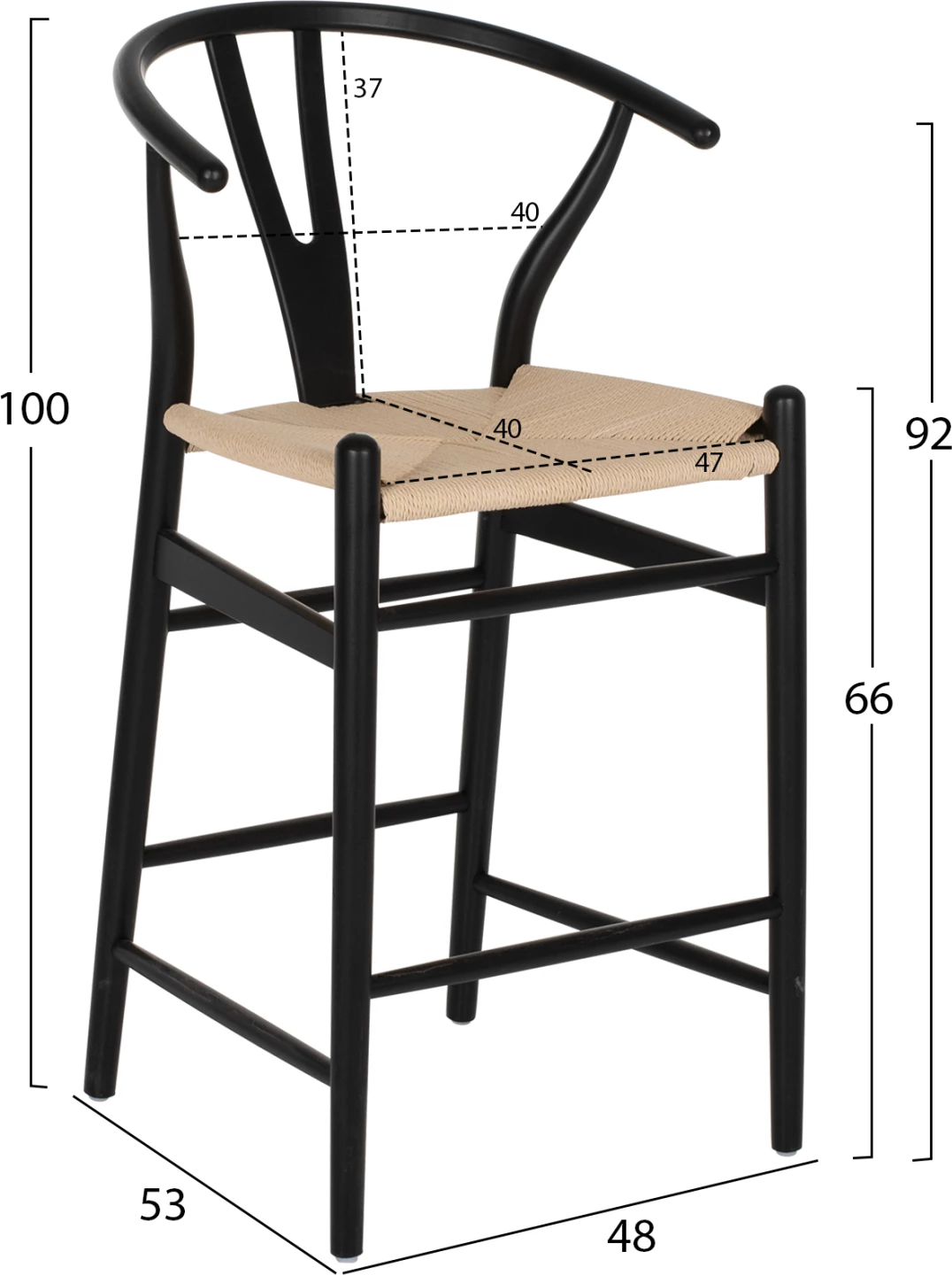 Karrige për bar BRAVE me shpinë Wishbone, dru ahu, ngjyrë e zezë, FH9405.02, 48x53x100H cm