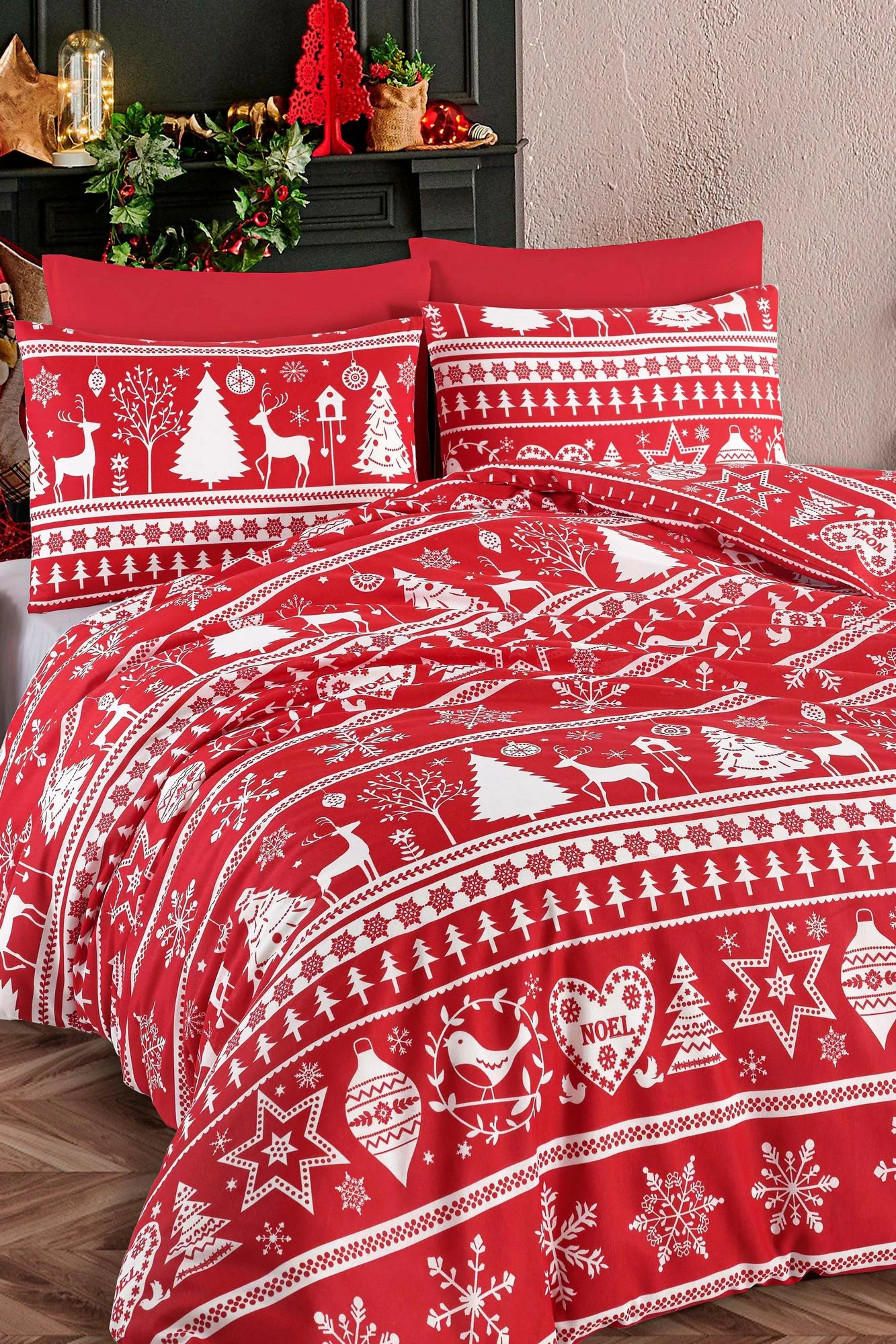 Set mbulesë jorgani për një person, ngjyrë e kuqe Claret dhe e bardhë, L'Essentiel Linge de Maison, Snowmas
