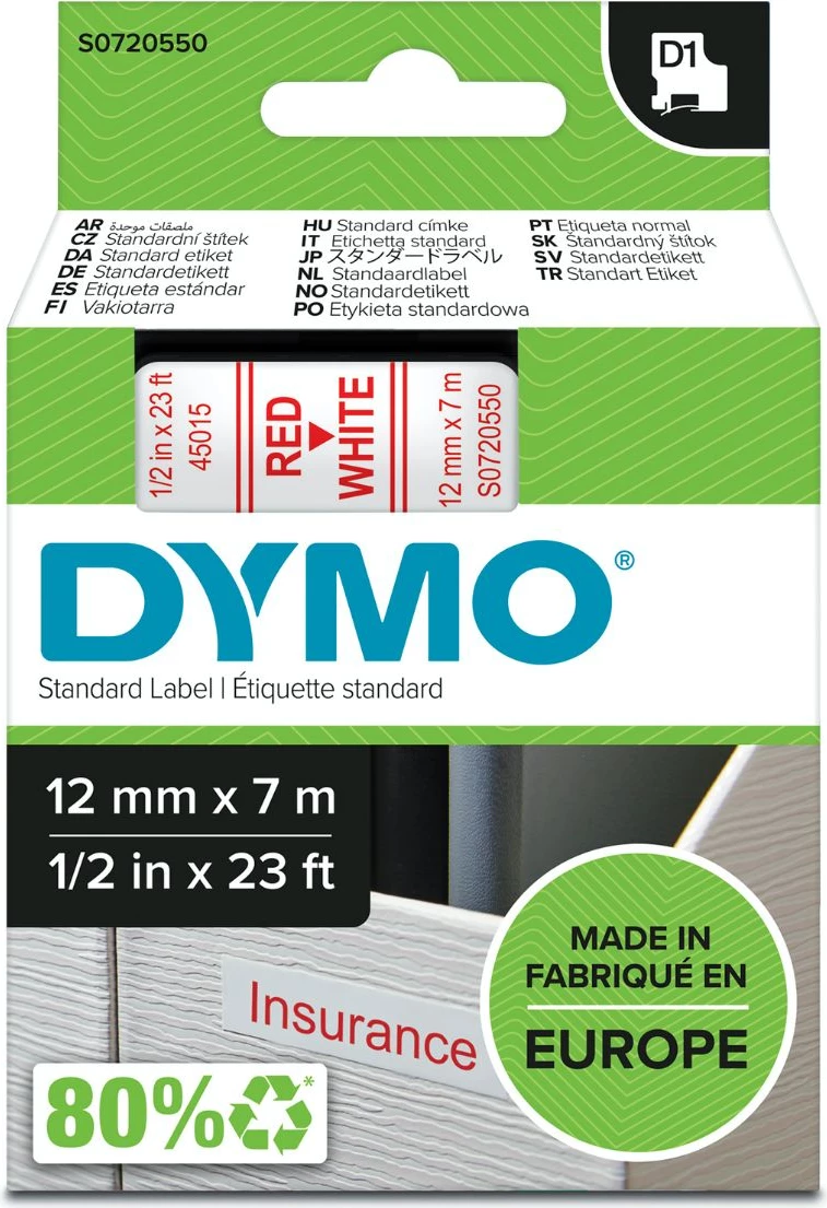 Ribon etiketash Dymo D1 45015 / S0720550 12mm x 7m, e kuqe mbi të bardhë