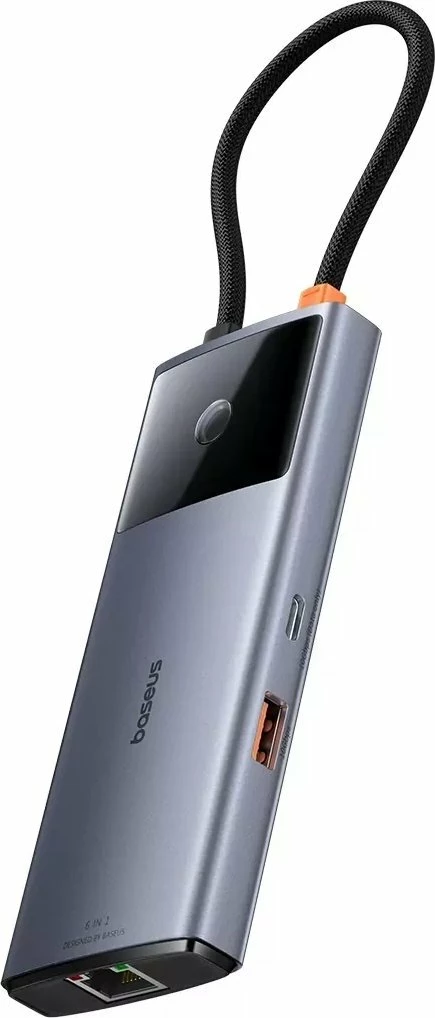 Hub USB Baseus Metal Gleam Series II 6-në-1 USB-C, HDMI 4K@60Hz, RJ-45 1Gbps, USB-C PD 100W, 2x USB-A 3.2 Gen2 10Gbps, gri