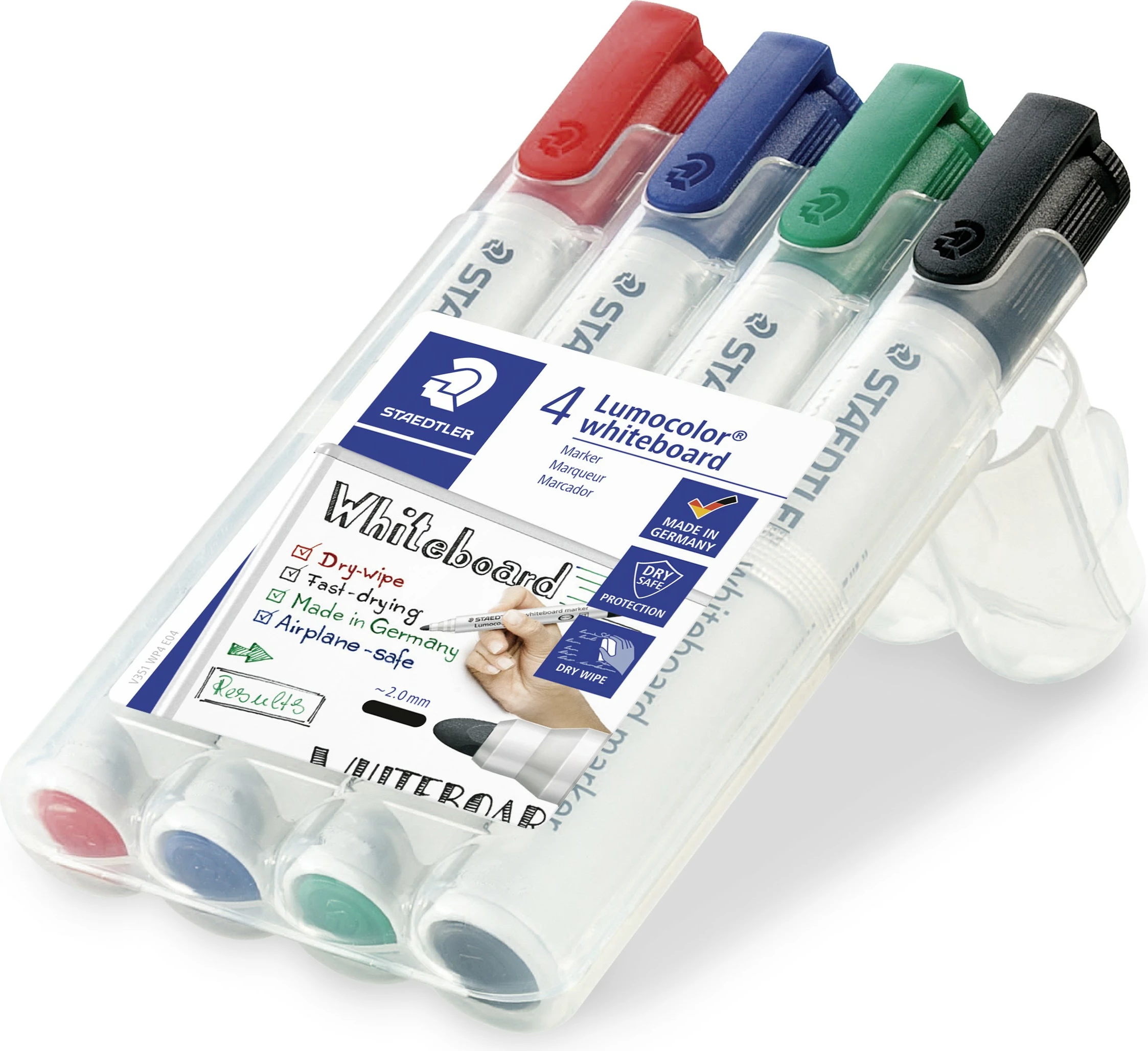 Set markerash whiteboard STAEDTLER Lumocolor 4 copë, majë e rrumbullakët 2mm, multingjyrësh