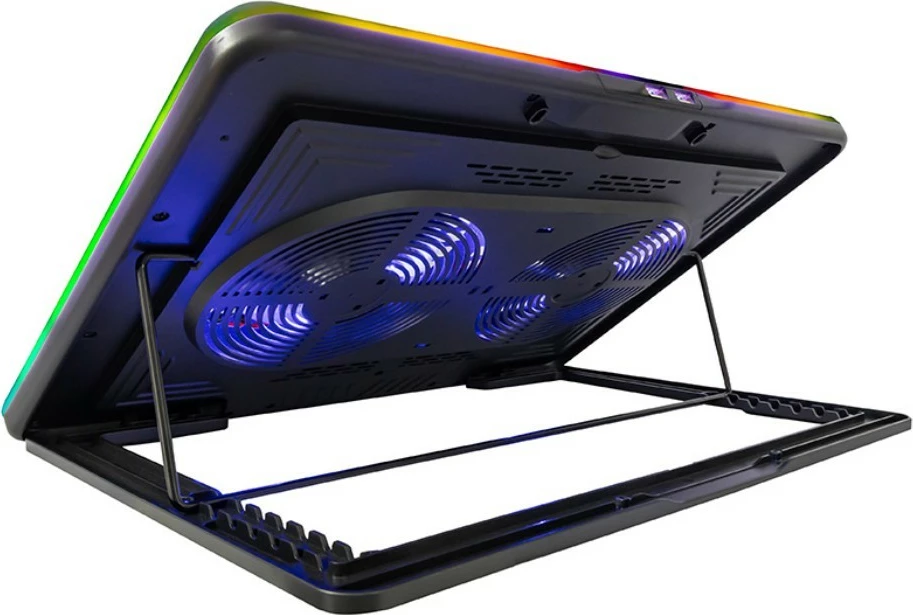 Bazë ftohëse laptopi, Tracer, GameZone Snowman PRO TRASTA47590, për 17.3 inch, 2 ventilatorë 90 mm 1350 RPM, 6 nivele rregullimi, ekran shpejtësie, RGB, 2x USB, e zezë