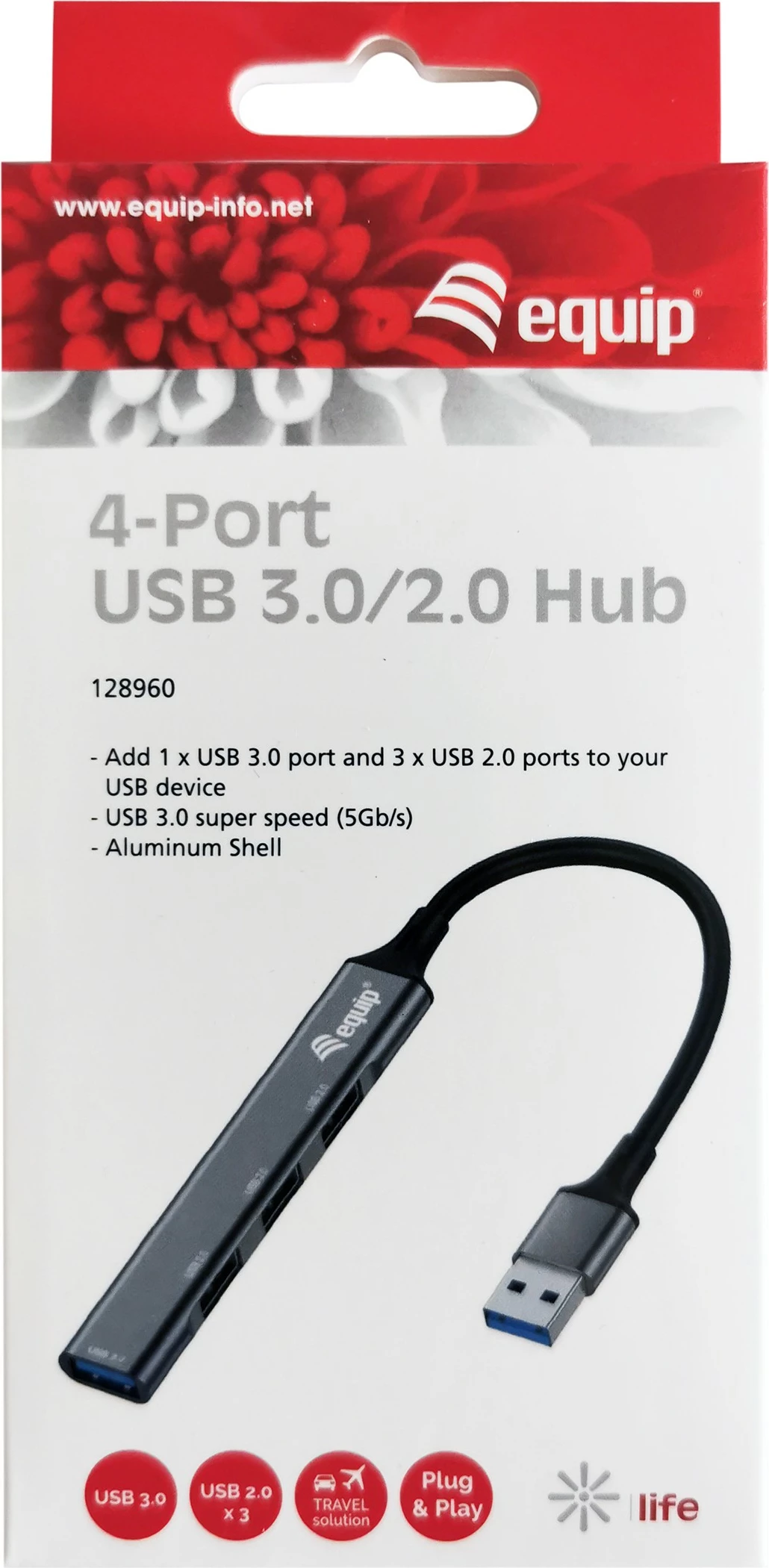 USB hub 4 porte Equip, USB 3.0/2.0, alumini, 0.15m, zi, hiri