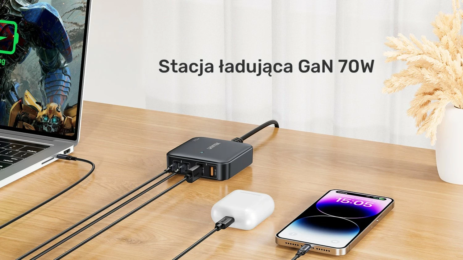 Karikues Unitek GaN 70W 2xUSB-A 2xUSB-C i bardhë