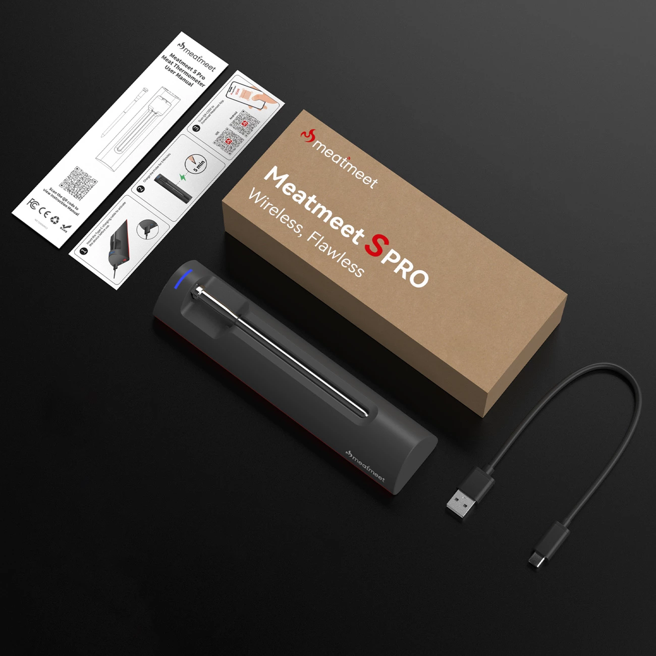 Termometër kuzhine me Bluetooth, Meatmeet S Pro, sondë pa kabllo çelik inox IP69, saktësi ±0.1°C, rreze 120 m, gri