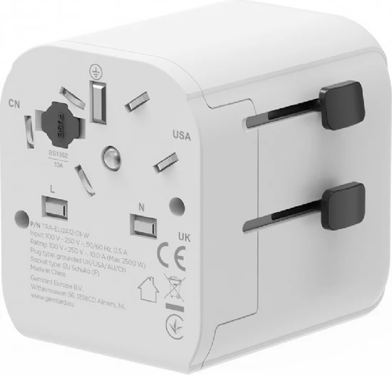 Adapter universal udhëtimi EU, Gembird, TPA-EU2A12-01-W, 12 W, 2x USB-A, soket Schuko, me priza US/UK/AU/CN, i bardhë