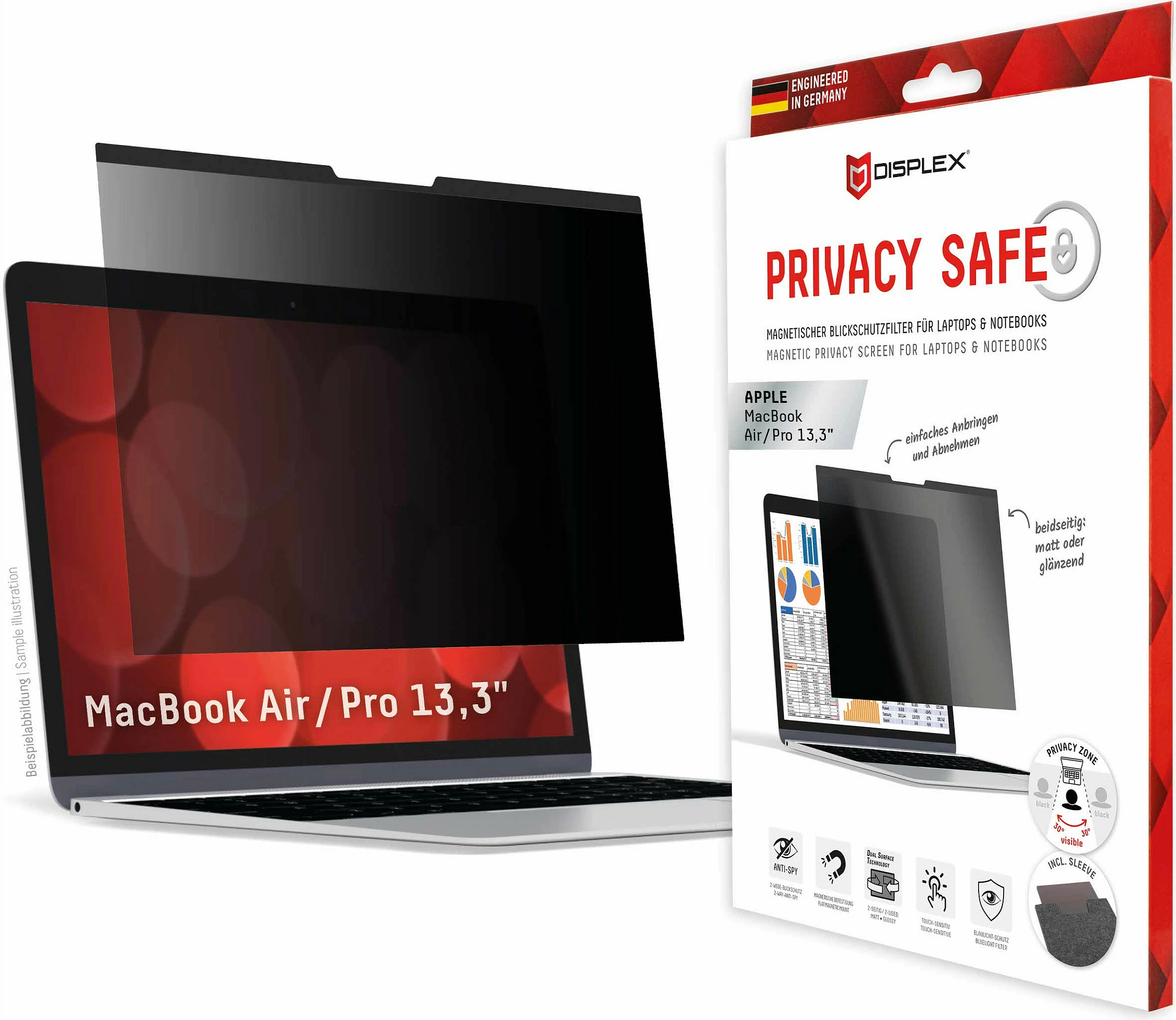 Filtër privatësie magnetik Displex Privacy Safe për MacBook Air/Pro 13.3", 2-anësh Matt/Glossy, 5H, i zi