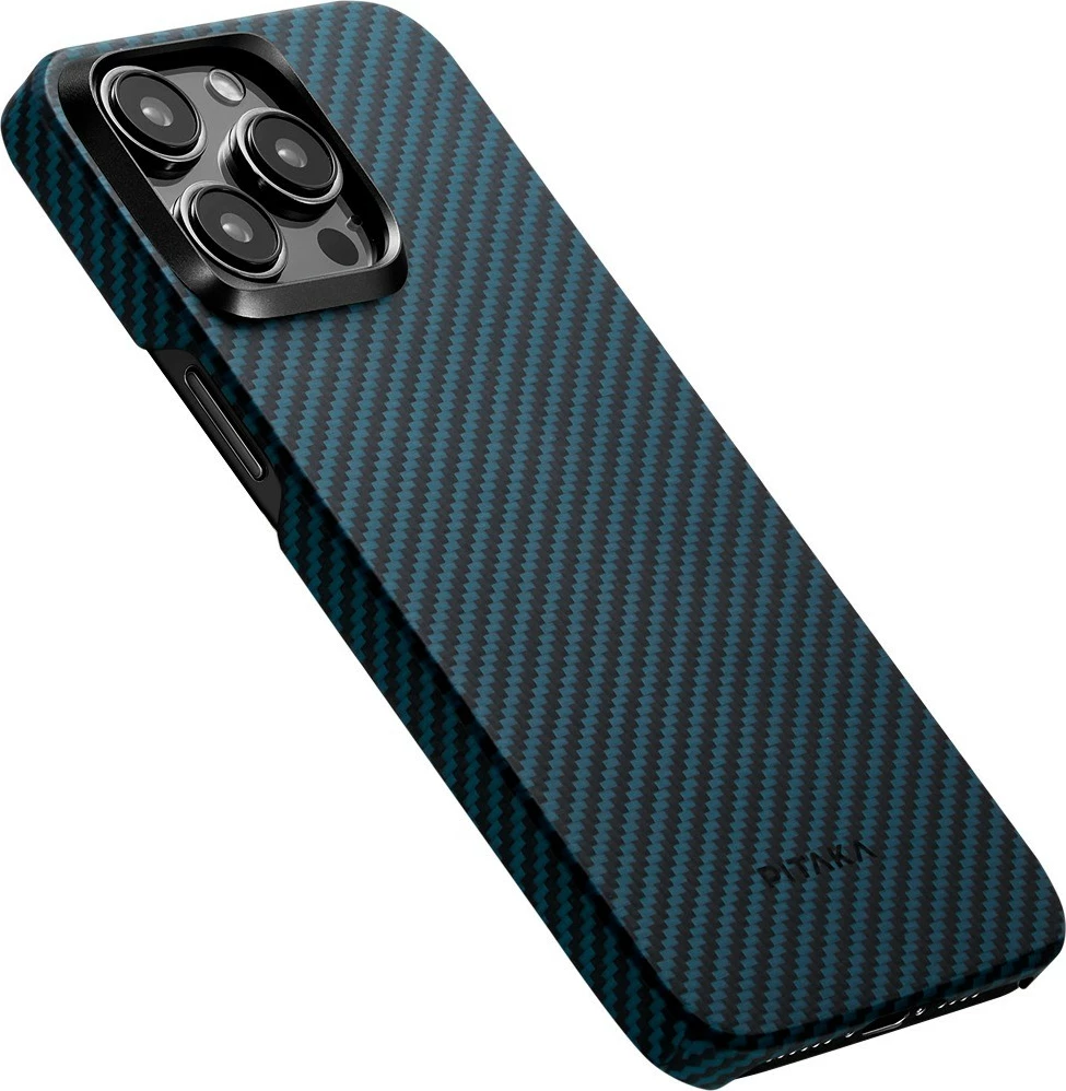 Mbështjellës Pitaka MagEZ Case 4 për iPhone 15 Pro, ultra i hollë 0.95 mm, MagSafe, fibër aramidi, Black/Blue Twill 8