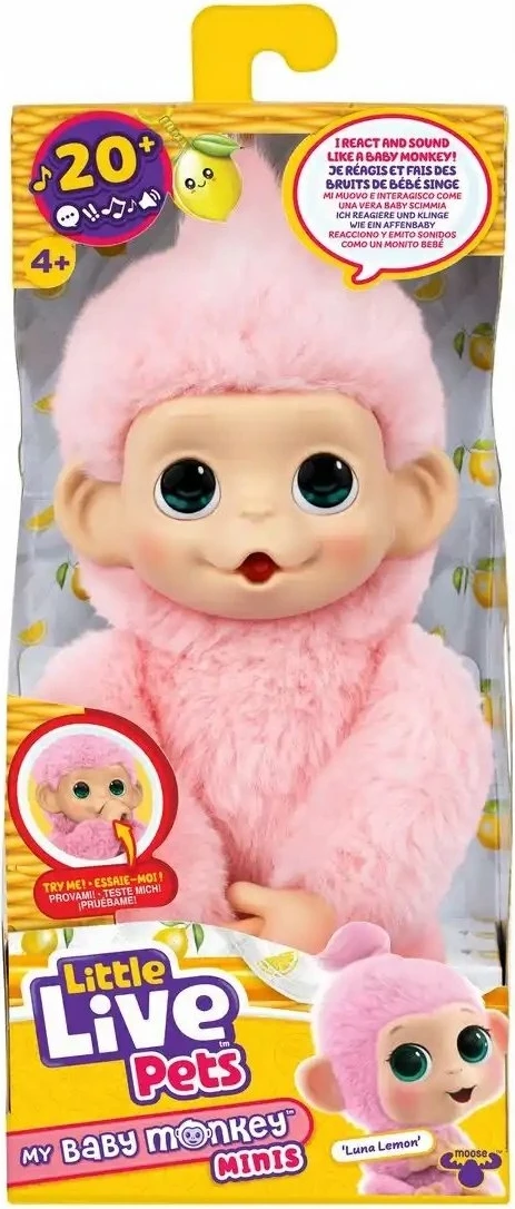 Lodër interaktive majmun Cobi Little Live Pets Mini Monkey Luna Lemon, 19 cm, rozë, me 2x AAA
