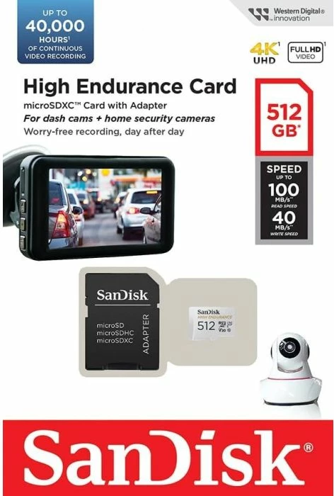 Kartelë memorje microSD SanDisk High Endurance SDSQQNR-512G-GN6IA 512GB Class 10 U3 V30, me adapter SD, bardhë/zi
