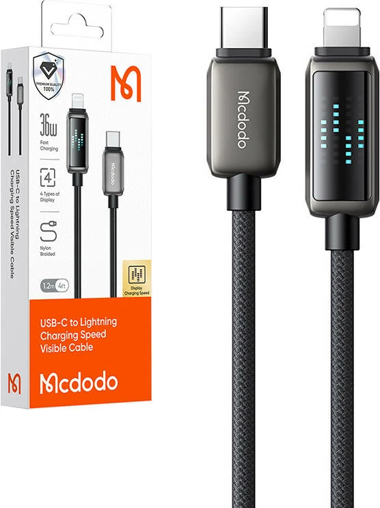 Kabllo Mcdodo CA-2630 USB-C në Lightning, 1.2m, 36W, ekran LED, e zezë