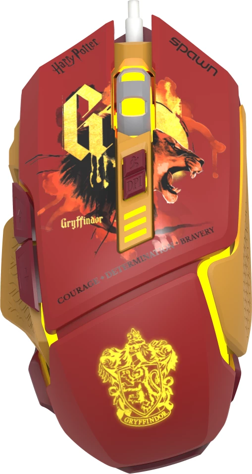 Maus gaming Spawn Harry Potter Gryffindor RGB 12800 DPI USB me kabllo, Kuqe/Ar