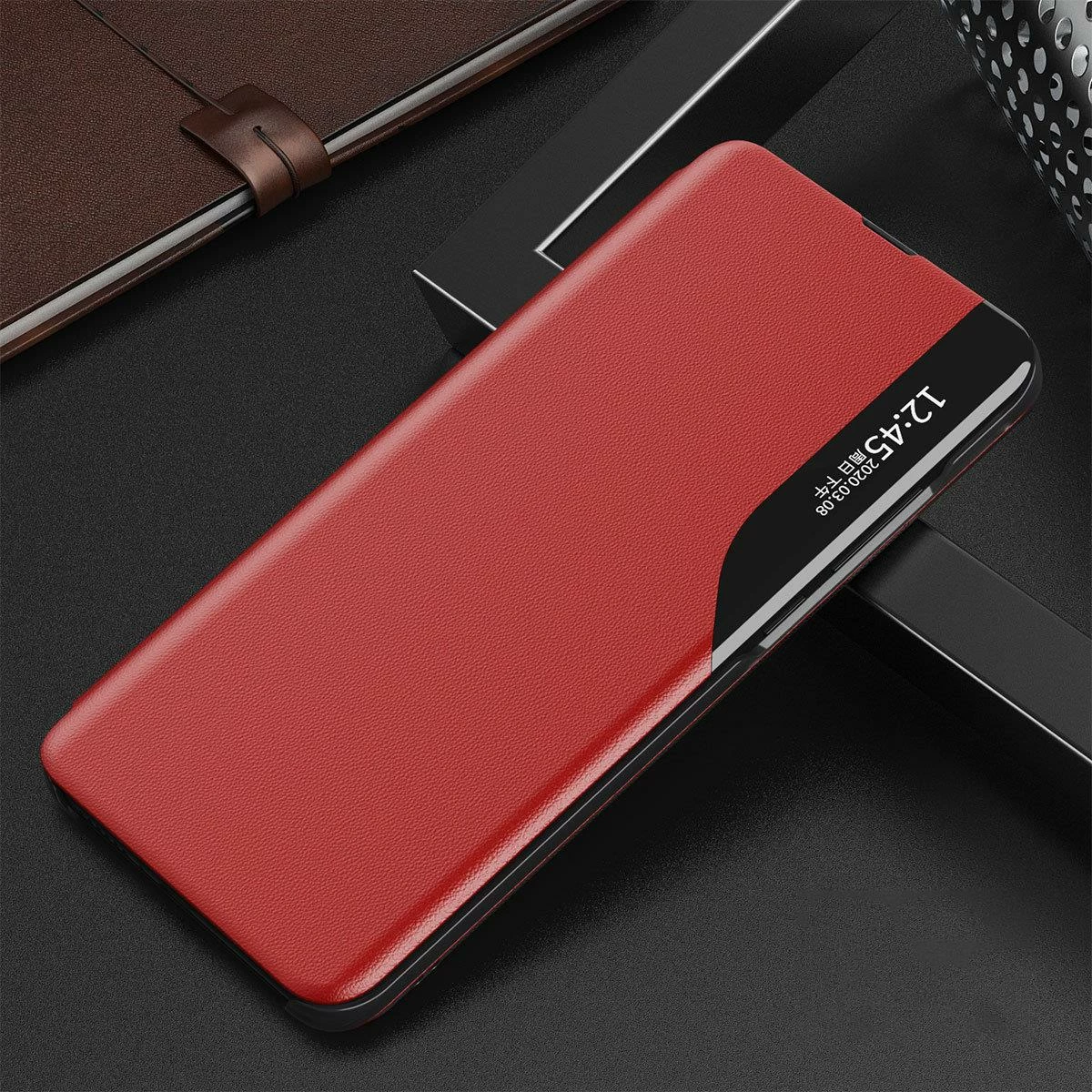 Mbështjellës Hurtel Eco Leather View Case për Samsung Galaxy A73, me kapak dhe mbajtëse, Kuq