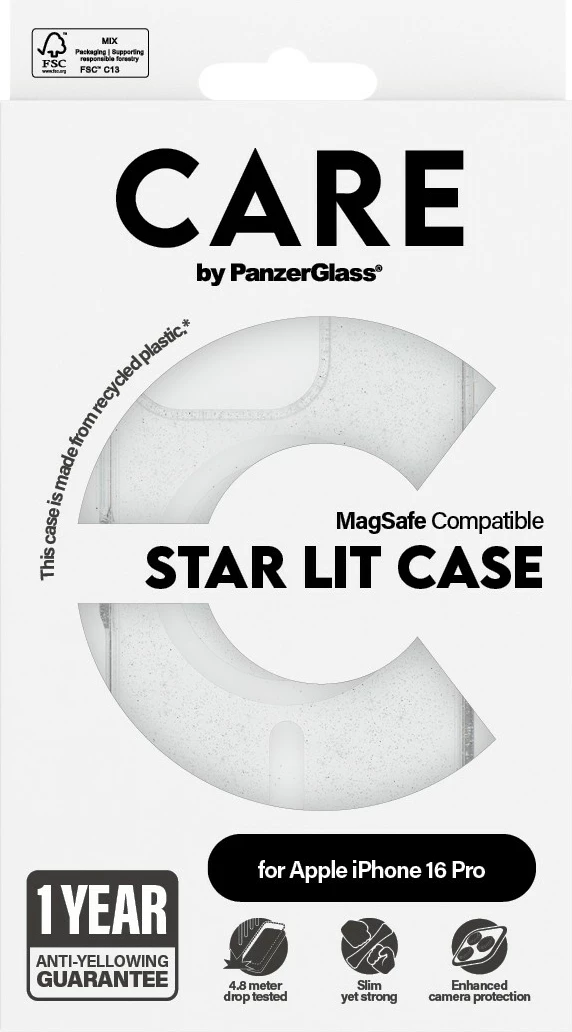 Mbështjellës PanzerGlass CARE Case Flagship Star Lit White MagSAFE për iPhone 16 Pro, transparent