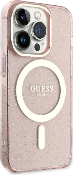 Mbështjellës Guess GUHMP14LHCMCGP për iPhone 14 Pro 6.1", Glitter Gold MagSafe, Rozë