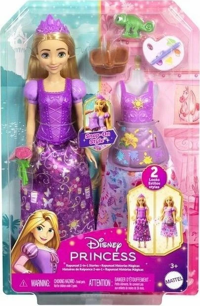 Kukull Mattel Disney Princess Rapunzel JBG09 27 cm, set 2-në-1 me 2 veshje dhe 8 aksesorë, vjollcë