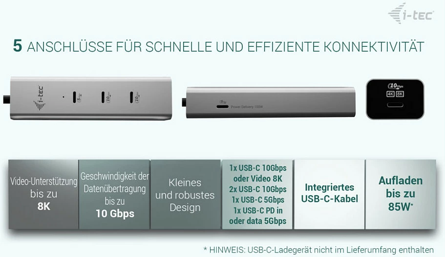 USB-C hub I-Tec D I-TEC, 5 porta, 85W, argjendtë