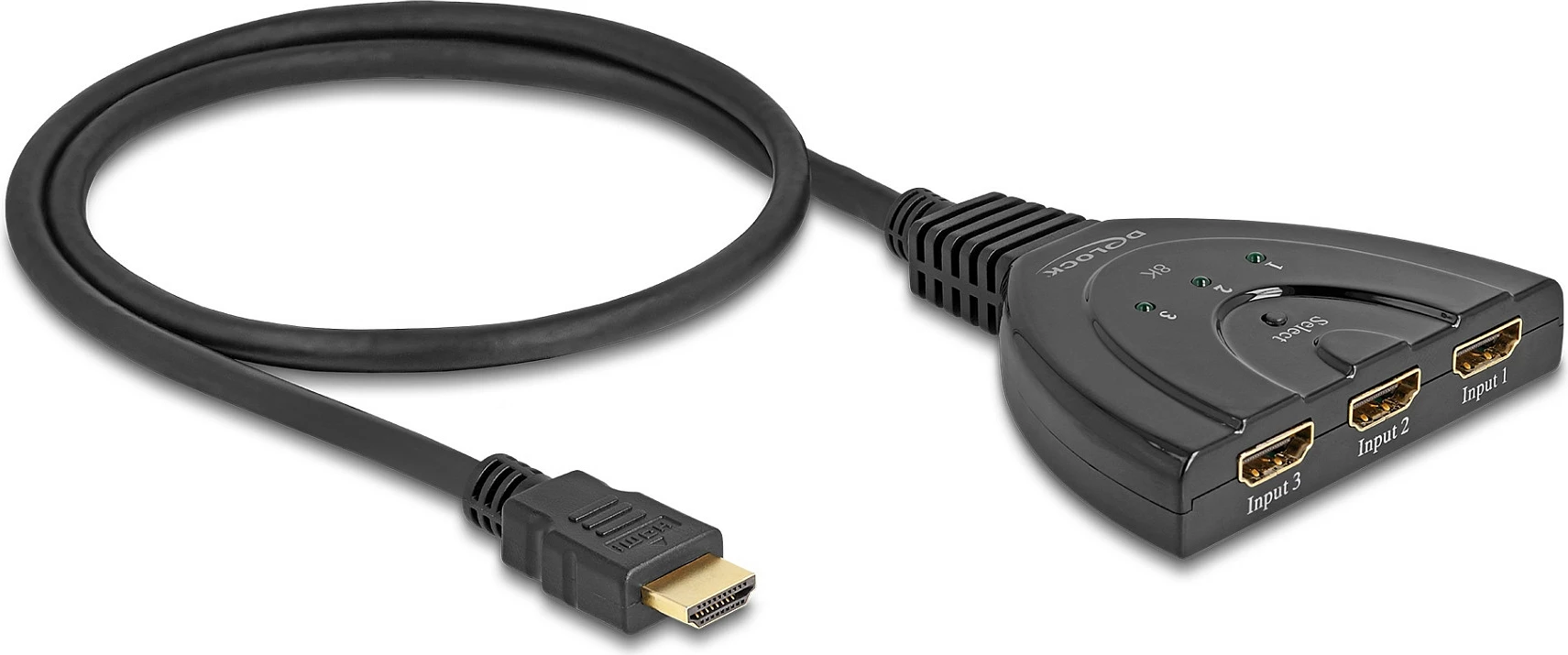Switch HDMI DeLOCK 3x HDMI In në 1x HDMI Out, 8K 60Hz, kabllo 60cm, i zi