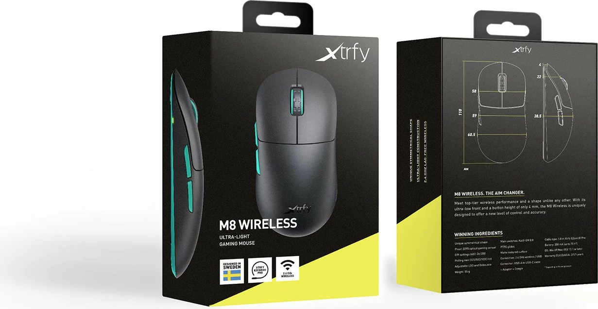Maus Cherry XTRFY M8, Ambidextrous, Optical, RF Wireless + USB Type-C, 26000 DPI, Ngjyrë e zezë