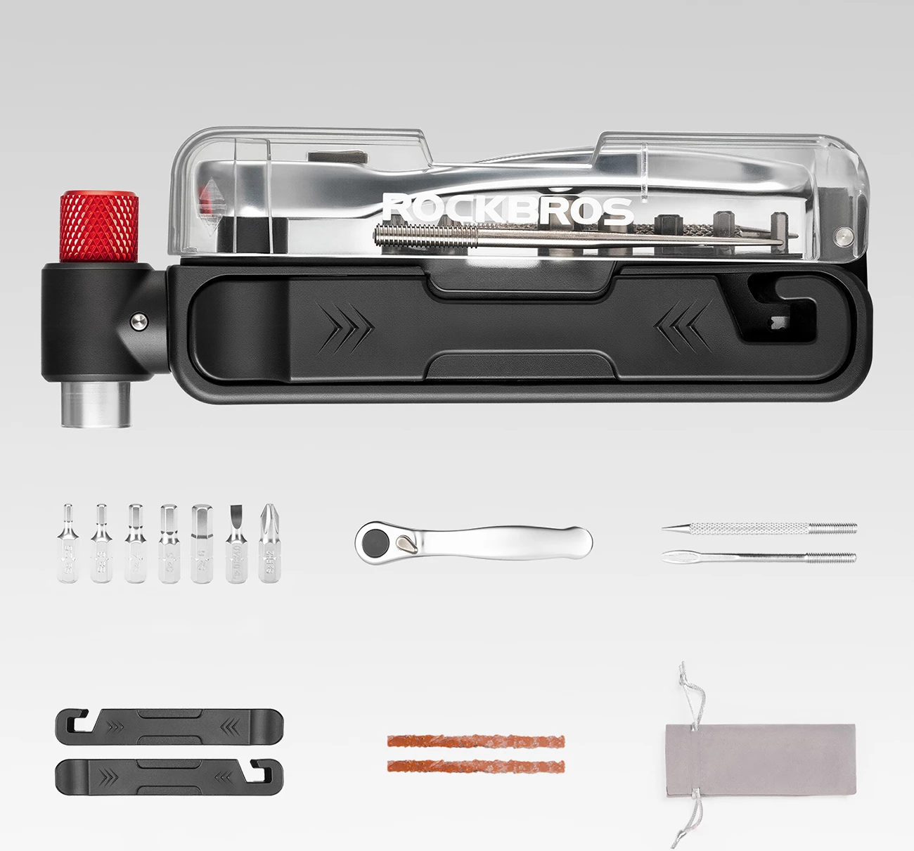 Set multitool për biçikletë Rockbros CO2 Multitool Set, çelës ratchet + pompë CO2, 185 g, i zi