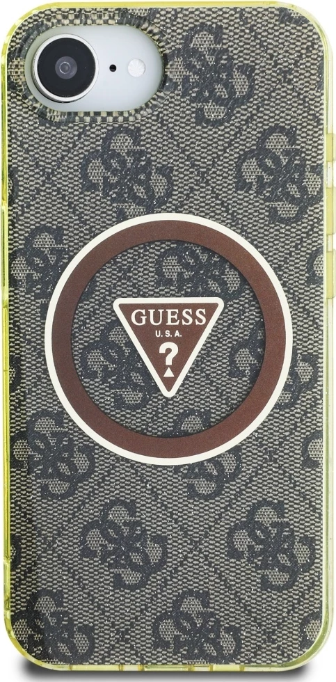 Mbështjellës Guess IML Metal Glitter 4G Circle Triangle MagSafe për iPhone 16e, Kafe