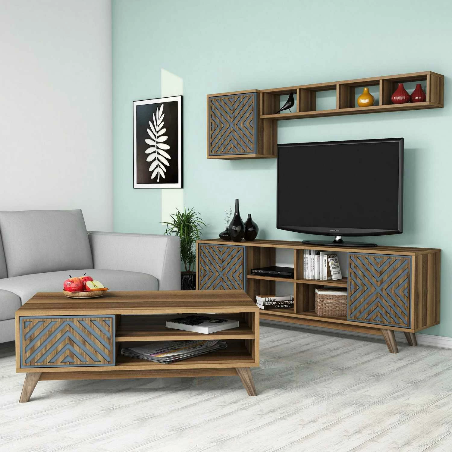 Set mobiljesh për dhomë dite Hanah Home, Inci, ngjyrë arre dhe blu
