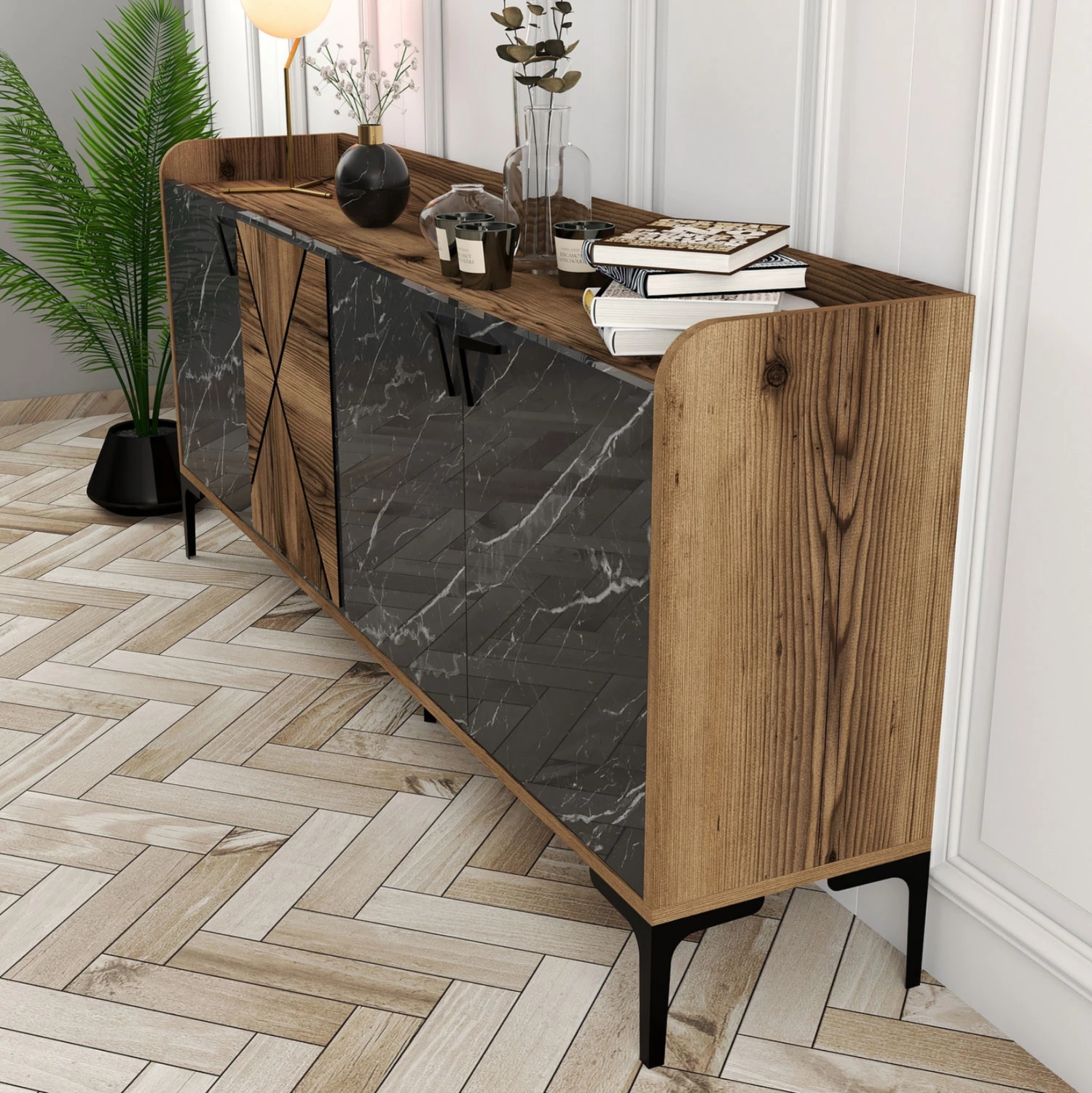 Bufet melamine, ngjyrë arre me dyer pamje mermeri të zi, FH9433.03, 180x35x78 cm