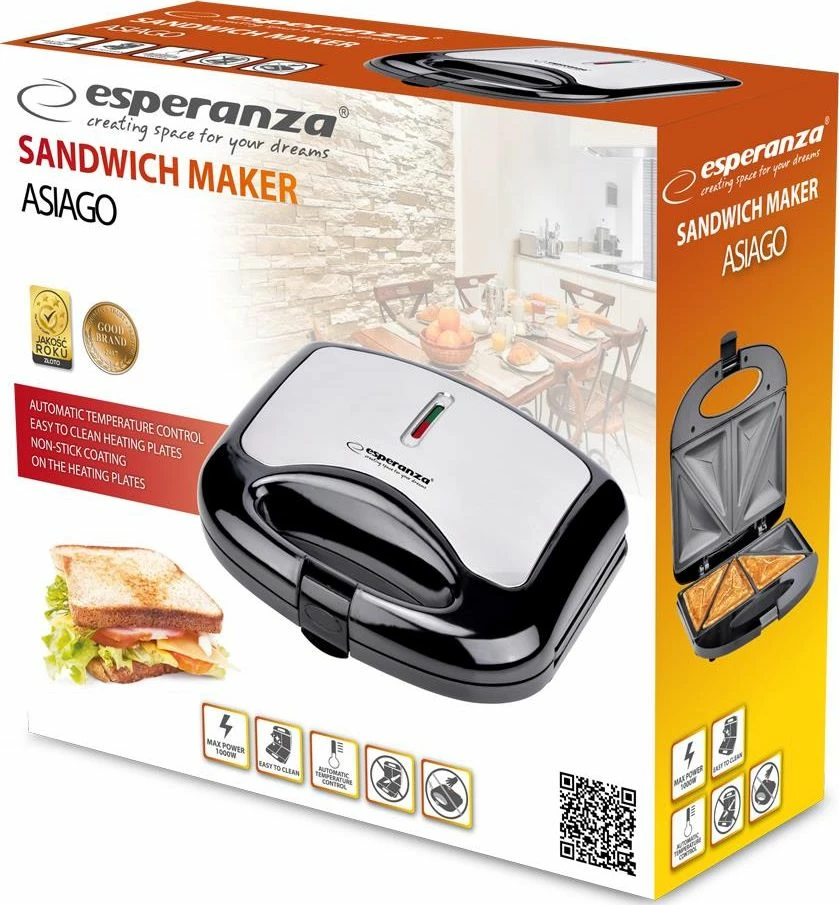 Toster sanduiçi Esperanza Asiago EKT011 1000W, 4 trekëndësha, pllaka non-stick, i zi