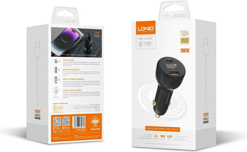 Karikues për veturë LDNIO C101 100W 2 porte USB-A/USB-C, i zi