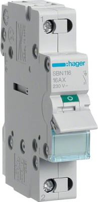 Ndërprerës izolues Hager SBN116, 16A, 230VAC, 1P, DIN rail, bardhë/jeshil