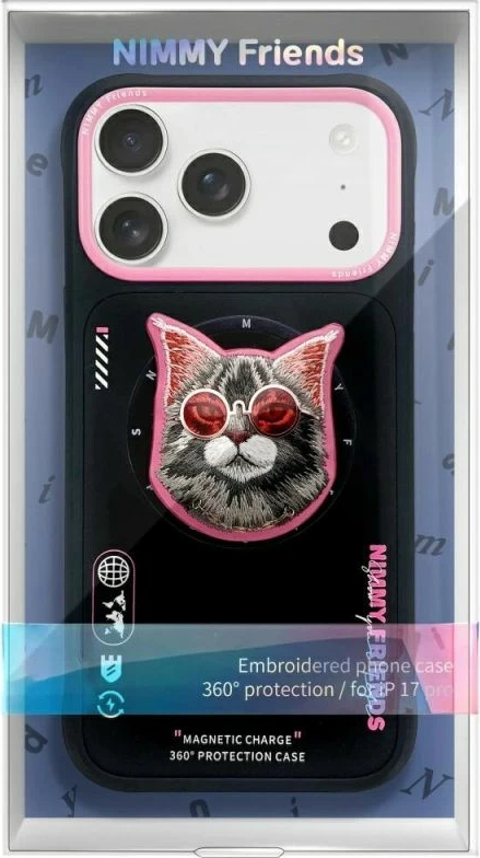 Maskë telefoni Nimmy Glasses Cool Cat MagSafe për iPhone 17, rozë e zezë