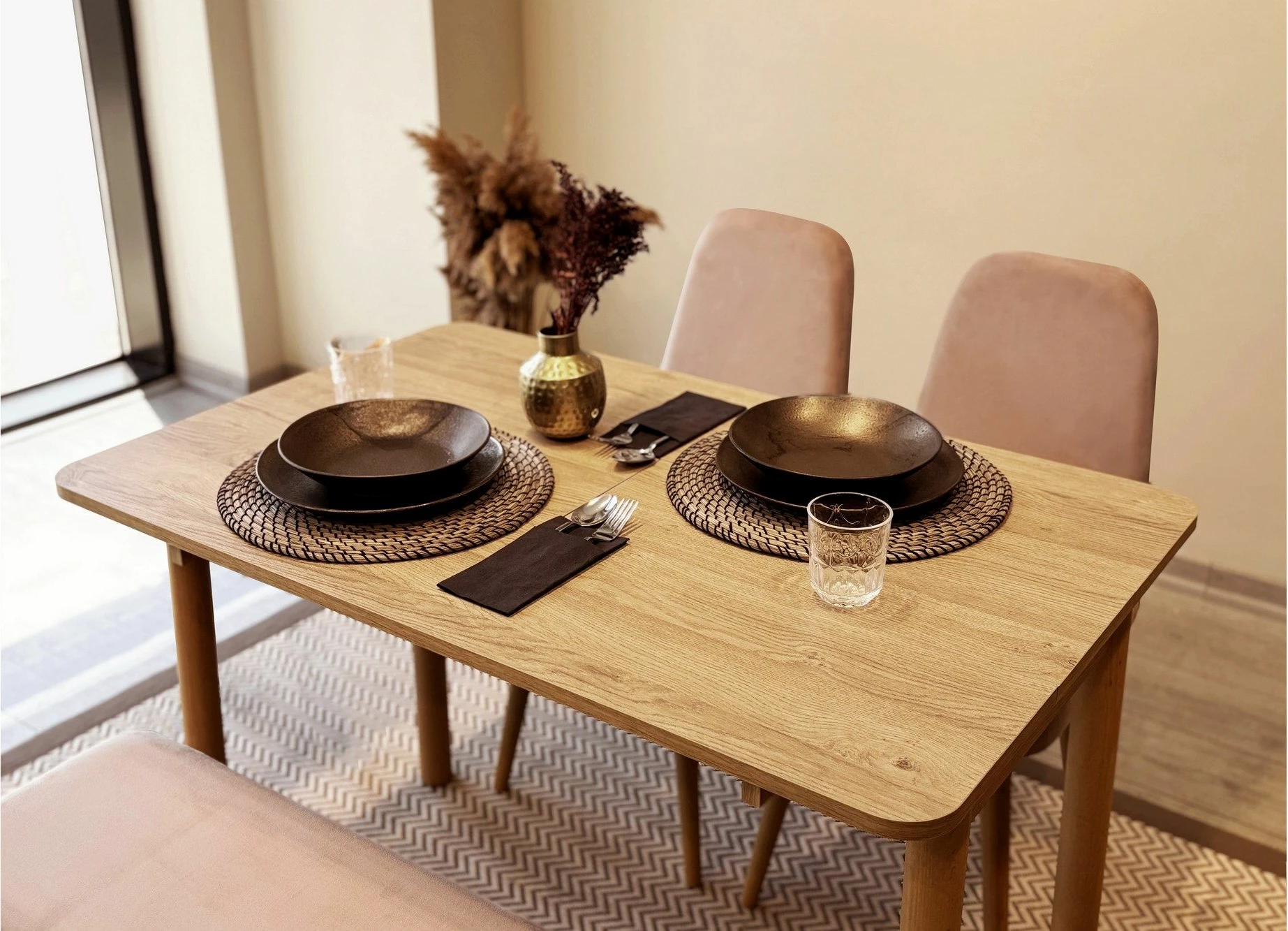 Set tavoline me karrige, zgjatues, 4 pjesë, Skye Decor, Vina Mini 01 0900, ngjyrë lis dhe gur